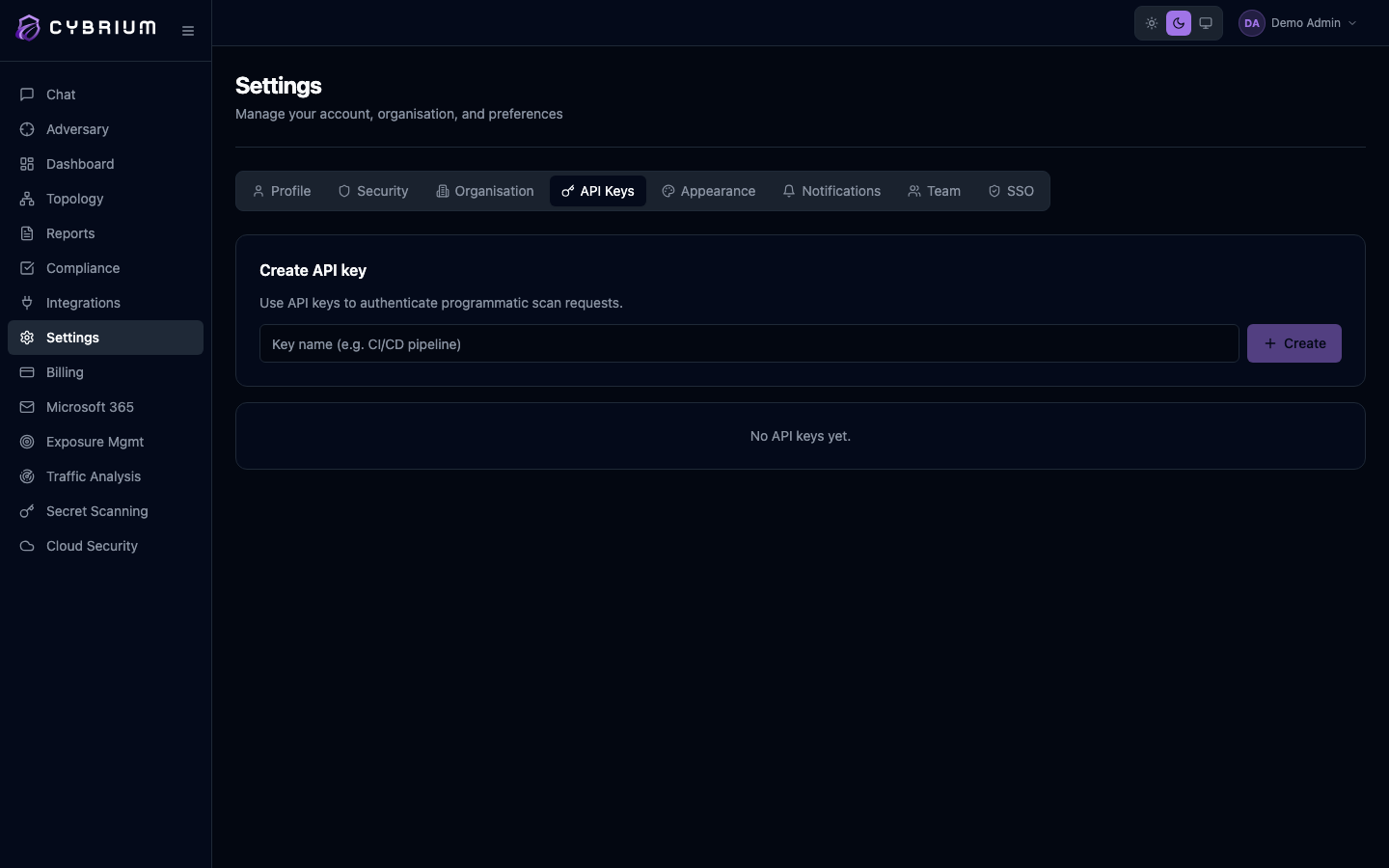 Screenshot: API Keys tab showing a list of named keys with last-used timestamps
