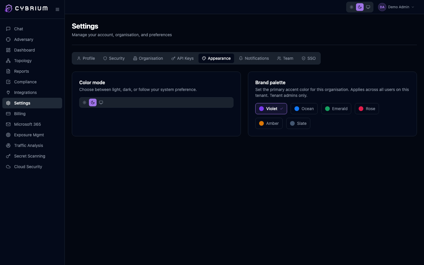 Screenshot: Appearance tab with color mode and palette cards side by side