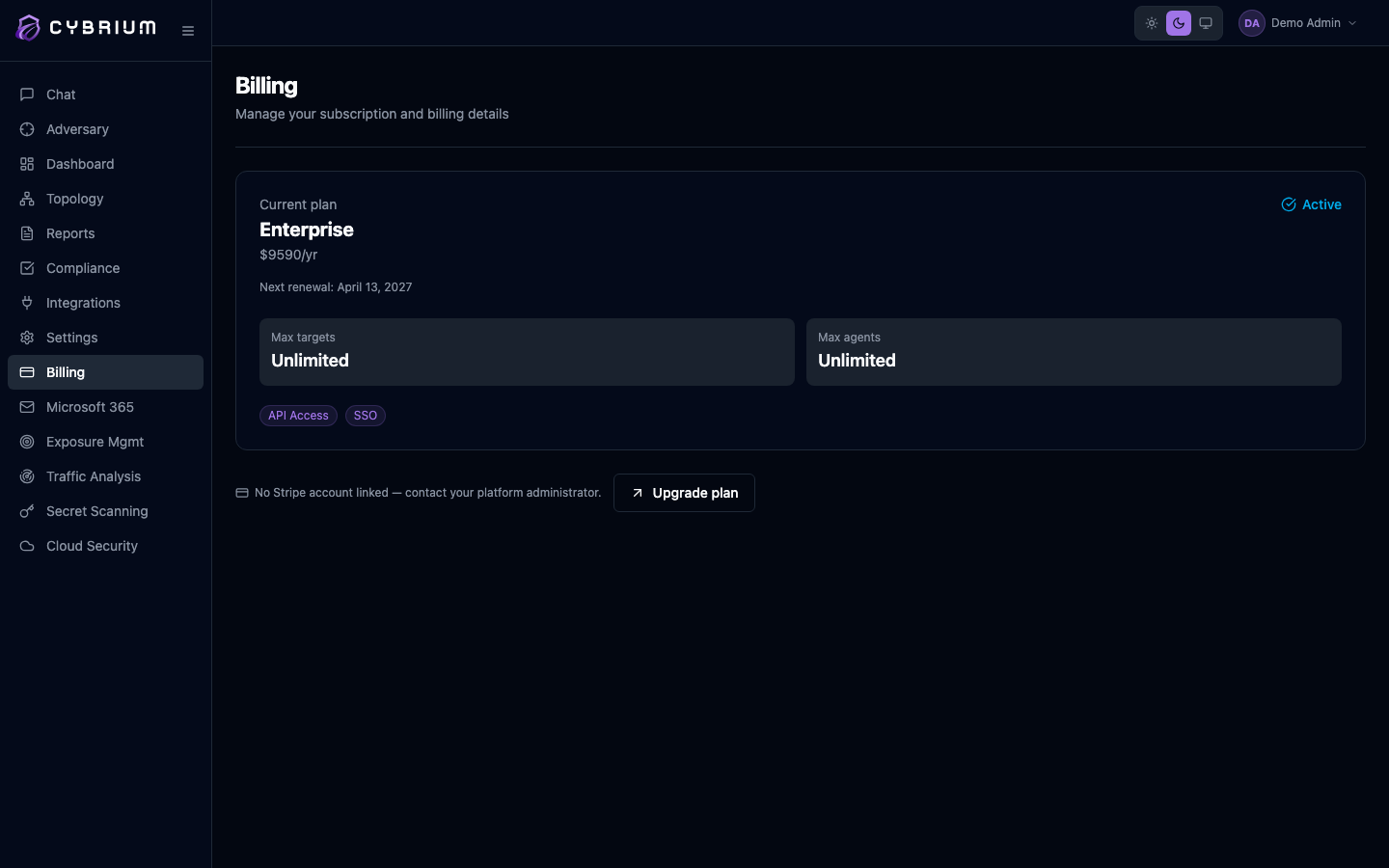 Screenshot: Billing tab showing current plan card, usage meter, and invoice history