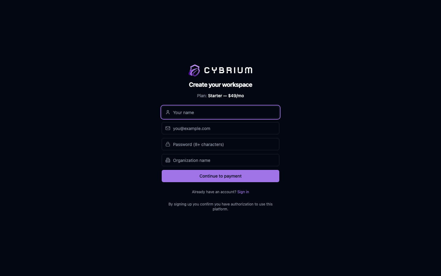 Screenshot: Cybrium pricing page with Starter, Pro and Enterprise tiers