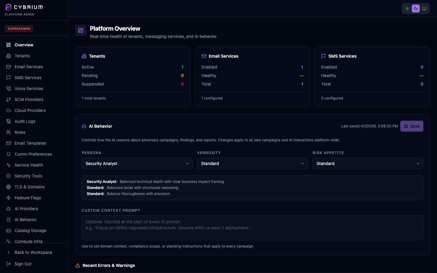 Screenshot: Platform Admin overview placeholder