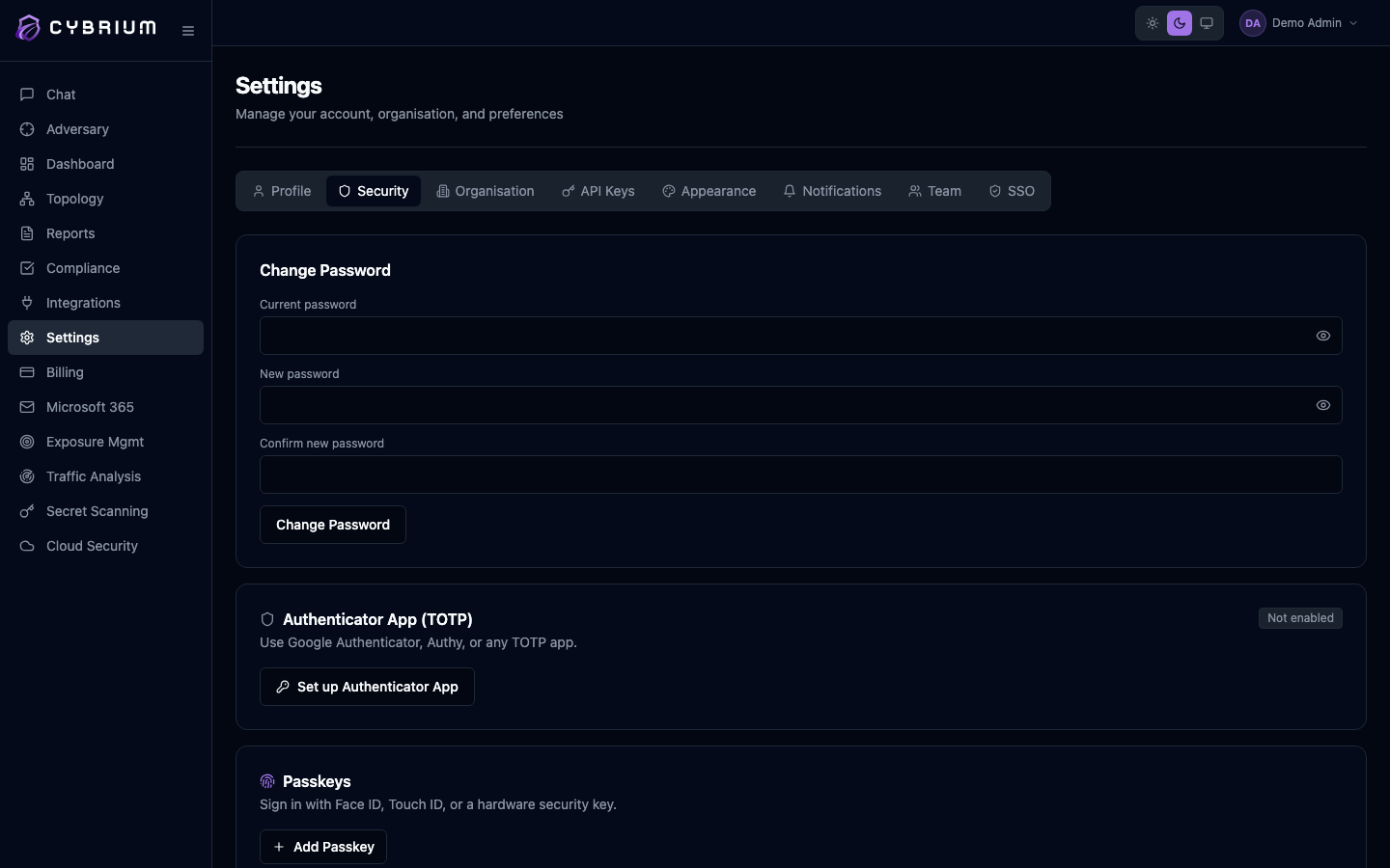 Screenshot: Security tab showing MFA status with TOTP and passkey cards
