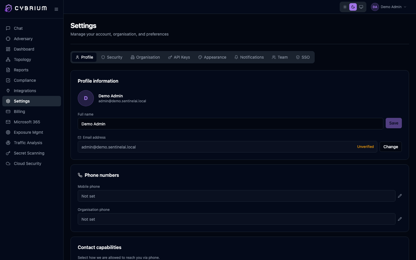 Screenshot: Profile tab showing name, email, and phone verification fields