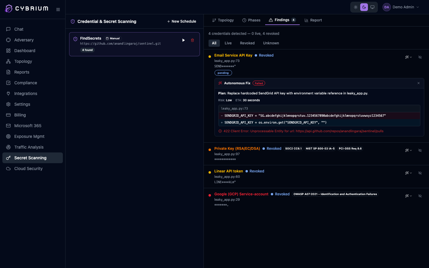 Screenshot: Secret scan depth and liveness options
