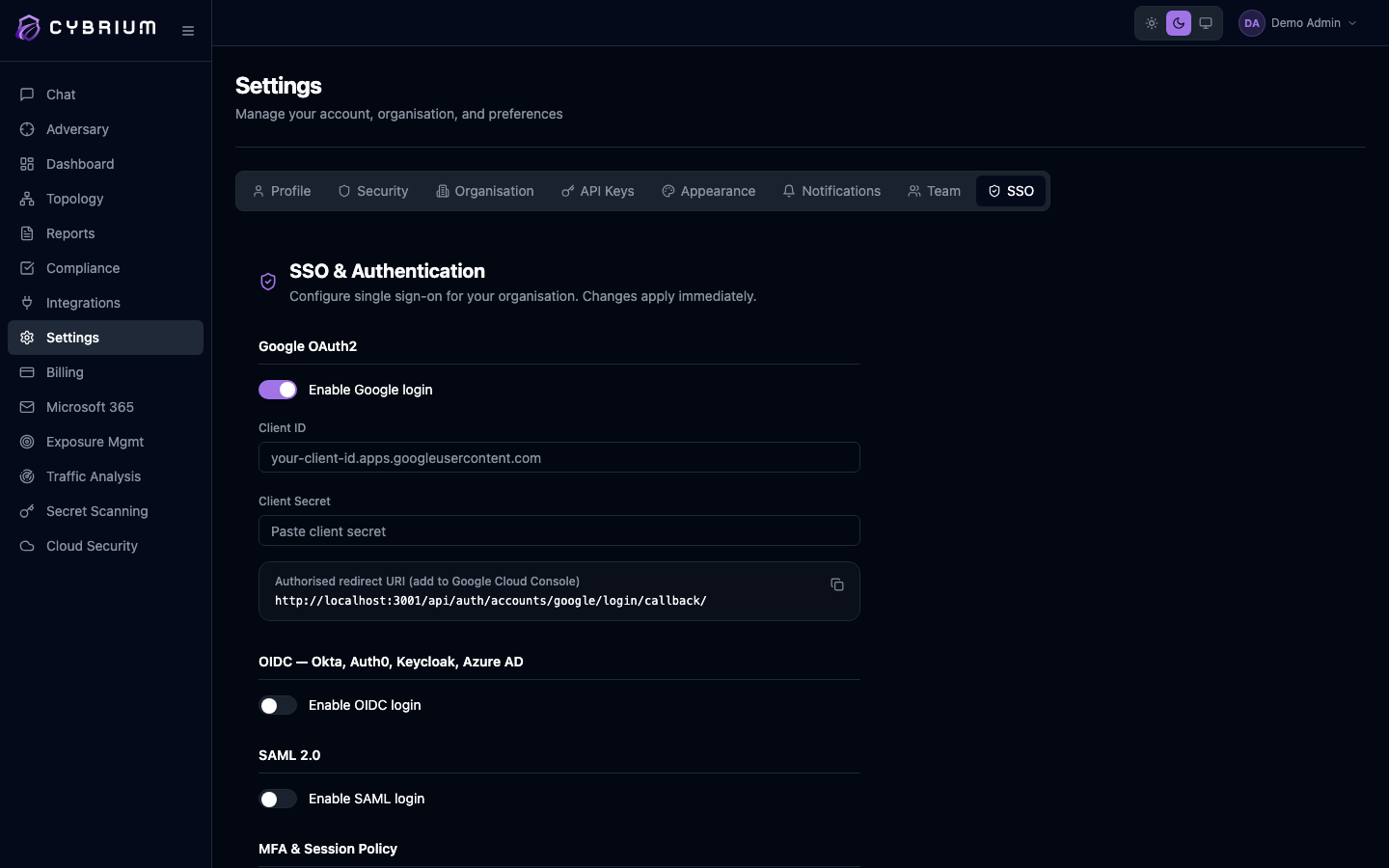 Screenshot: SSO configuration page with OIDC and SAML tabs
