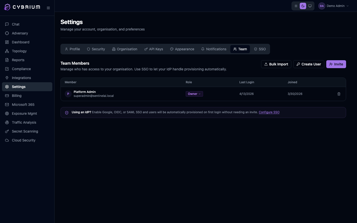 Screenshot: Team tab with members table, pending invites panel, and SSO hint card