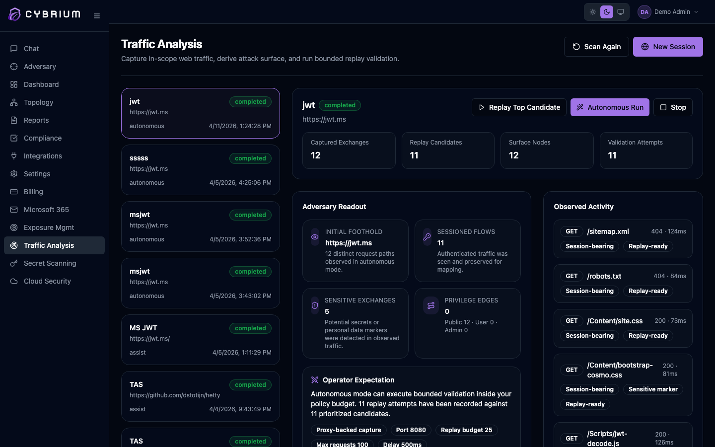 Screenshot: Proxy capture session timeline with endpoint coverage
